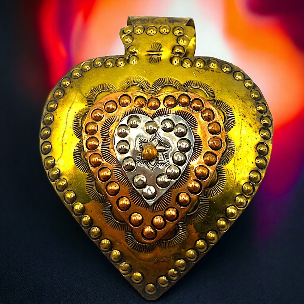 Copper Brass Silver-Tone Large Heart 1970s 3.5" Pendant!